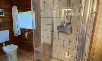 A modern bathroom with a glass shower and a toilet. The walls are clad with wood and tiles.