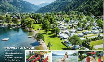An idyllic campsite by the water with a flat sandy beach and numerous trees. The area offers various recreational activities for children, including playgrounds and water sports.