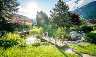 A beautiful garden with a small pond and a wooden bridge. In the background, hills and trees can be seen under a sunny sky.