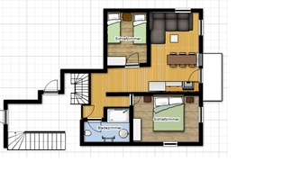 A floor plan of a house with two bedrooms, a bathroom, and an open living area. The space is clearly structured and has room for furniture.