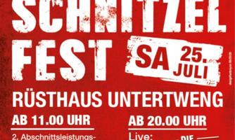 Ein Plakat für das Schnitzel Fest in Untertwen. Das Event findet am 25. Juli statt und bietet einen Schnitzelwettbewerb sowie Live-Musik.