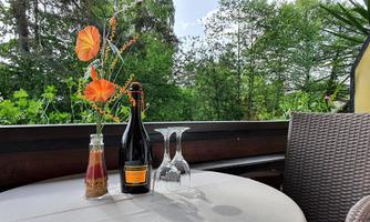 A cozy table on a terrace with a bottle of champagne and two glasses. In the background, green plants and a clear sky are visible.