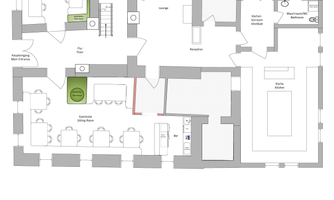 Floor plan of a hotel with various rooms such as lounge, reception area, and seating areas. The plan shows the arrangement of the rooms on the second floor.