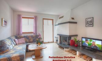 A cozy living room with a comfortable couch and a fireplace. A television displays a program, and there are windows with curtains that provide light.