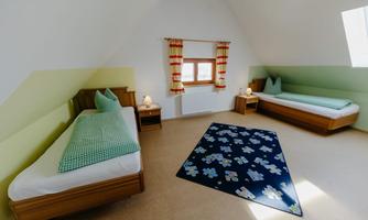 A cozy bedroom with two beds and a colorful carpet. The walls are painted light green, and there is plenty of daylight.