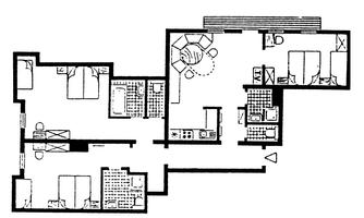 A floor plan drawing of an apartment with several rooms. The sketch shows an open living area, kitchen area, and sleeping rooms.