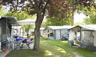 A cozy campsite with tents and shade-providing trees. People relax in deck chairs and enjoy nature.