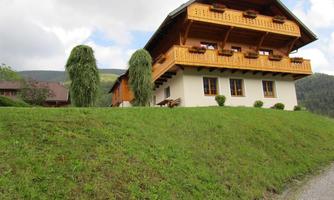 A beautiful house in traditional Alpine style, surrounded by lush greenery. In the background, gentle hills and a cloudy sky can be seen.