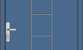 A modern blue door with a green window and a simple design. It features clean lines and is well-crafted.