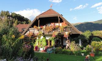 A beautiful, inviting house surrounded by many flowers and greenery. In the background, mountains and a clear sky can be seen.