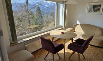 A bright room with a round table and comfortable chairs. The large window offers a beautiful view of trees and mountains.