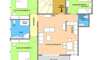 An apartment floor plan with multiple rooms, including a bedroom, living room, and kitchen. The individual areas are color-coded and labeled.