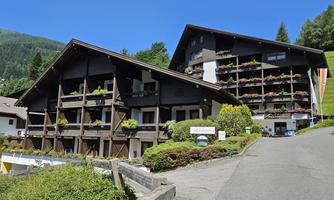 A beautiful building in the mountains with balcony plants and well-maintained gardens. The surroundings are green and inviting, ideal for a relaxing stay.