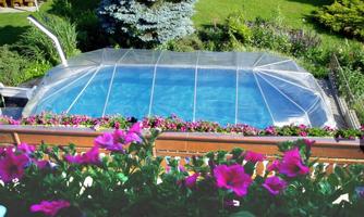 A clear pool with a cover, surrounded by colorful flowers. In the background, a green garden landscape can be seen.