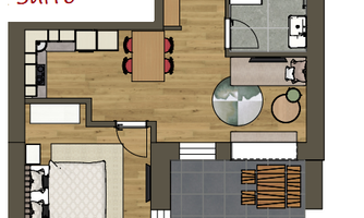A floor plan representation of the Mountain-Lake Suite with bedroom, living area, and bathroom. The plan also shows a south-facing balcony.