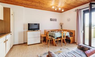 A cozy living space with wooden floor and wooden ceiling. There is a kitchenette, a dining table, and a television.