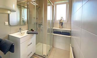 A modern bathroom with a shower and an elegant sink. The walls are brightly tiled and there is a windowsill with flowers.