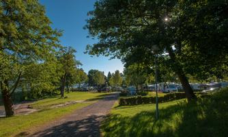 A picturesque path surrounded by green trees. In the background, there are motor homes and a beautiful view of the water.