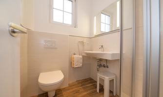 A modern bathroom with a shower, a sink, and a toilet. The walls are light-colored and the floor is made of wood.