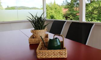A table with a plant pot and a green watering can in rustic baskets. In the background, chairs and green trees are visible.