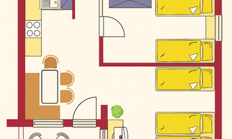 A kitchen, a living room, and two bedrooms are arranged in this apartment. The floor plan illustrates the layout and furnishings of the apartment.