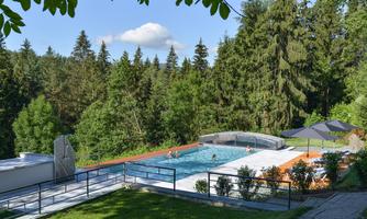 An inviting outdoor pool amidst green trees. Relaxed guests enjoy the sun on the terrace.