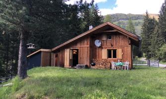 A charming wooden house surrounded by green meadows and tall trees. In the background, mountains and a clear sky are visible.