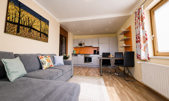 A modern apartment with a cozy sofa and an open kitchen. Bright walls and large windows, along with a balcony, create an inviting atmosphere. The kitchen is fully equipped.