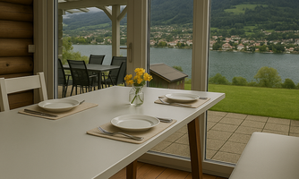 A bright dining area with a table set for four people. Large windows offer a view of the lake and the mountains in the background.
