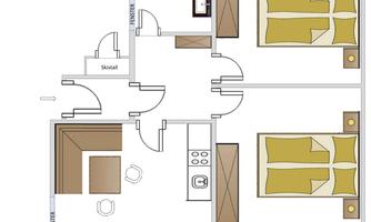 A floor plan drawing of a comfort apartment with two bedrooms. The kitchen, living room, and bathrooms are clearly marked.