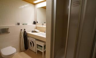 A modern bathroom with a shower, sink, and a washing machine. The walls are tiled in light colors and the furnishings are functional and simple.