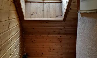 A wood-paneled room with a sloped roof. A window in the ceiling brings in daylight and offers a view of trees.