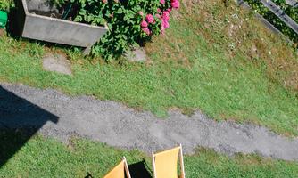Two orange lounge chairs are on a green meadow. In the background, blooming plants and a wooden fence can be seen.