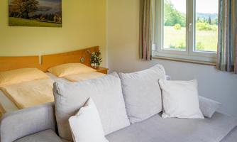 A cozy room with a bed and a gray sofa. The room has a window with a view of the greenery and is brightly lit.