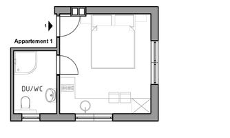 A simple floor plan of an apartment. The plan shows a living area with a bedroom and a bathroom.