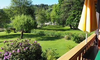 A picturesque garden with green meadows and blooming shrubs. In the background, trees and a clear sky can be seen.