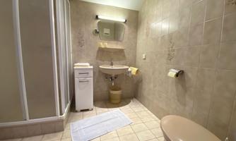 A modern bathroom with a shower cabin and a sink. The room is bright and clean, with neutral colors and a carpet.