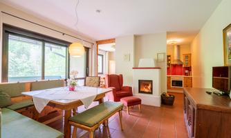 A bright living room with a dining table, chairs, and a cozy fireplace. Large windows provide plenty of daylight and a view of the greenery.