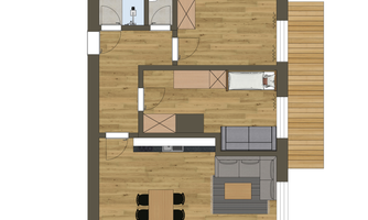 A simple floor plan representation of an apartment. There are two bedrooms, a bathroom, and an open living and dining area.