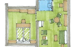 A floor plan of an apartment with various rooms. Visible are a living area, a bathroom, and a terrace.