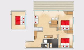A floor plan of a modern apartment with two bedrooms. The kitchen and the bathroom are well arranged and positioned in the center of the plan.