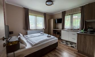 A modern room with a double bed and a small kitchenette. Large windows provide plenty of daylight.
