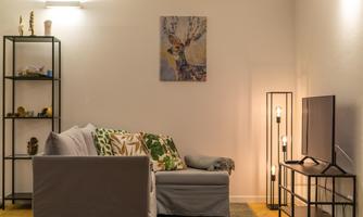 A cozy living room with a gray sofa and a television. A picture of a deer hangs on the wall, and a floor lamp illuminates the room.
