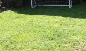 A small soccer goal stands in a green garden. The grass is well-maintained and there are trees in the background.
