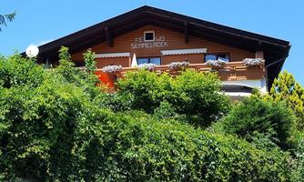 A beautiful wooden house with a balcony full of flowers. Surrounded by lush greenery and clear blue sky.
