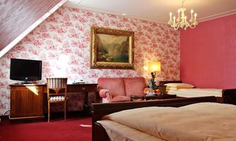 A cozy room with a red carpet and charming wallpaper. There is a double bed, a television, and a comfortable seating area.