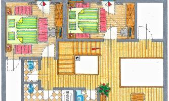 A floor plan of a house with several rooms. The rooms are sketched with furniture and colors, showing a bedroom, a bathroom, and a living area.