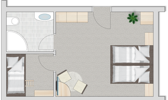 A floor plan of a room with two beds and a bathroom. There is furniture and a plant in the room.