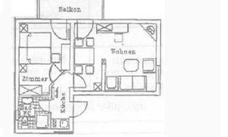 A floor plan drawing of an apartment with two bedrooms, a living room, a kitchen, and a balcony. The rooms are clearly structured and well arranged.