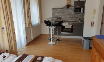 A cozy apartment with a modern kitchenette and a dining area. Large windows provide plenty of daylight and a pleasant atmosphere.